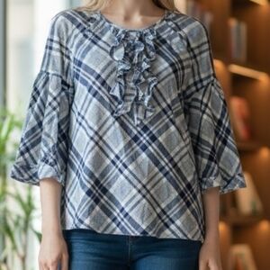 GAP Navy and White Plaid Ruffle-Front Blouse 4232